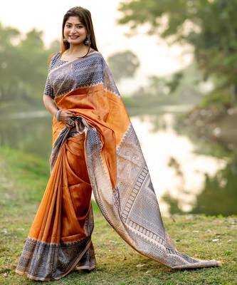 Women orange art silk handloom saree 2