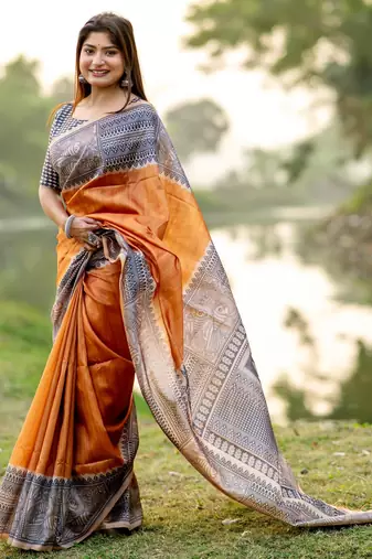 Women orange art silk handloom saree