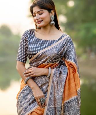 Women orange art silk handloom saree 3