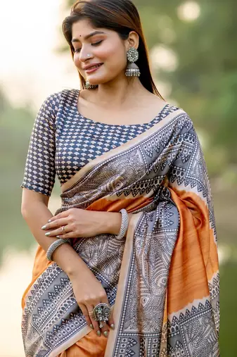 Women orange art silk handloom saree
