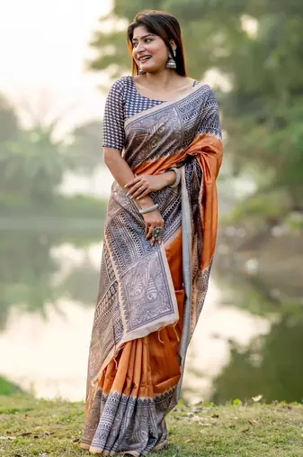 Women orange art silk handloom saree