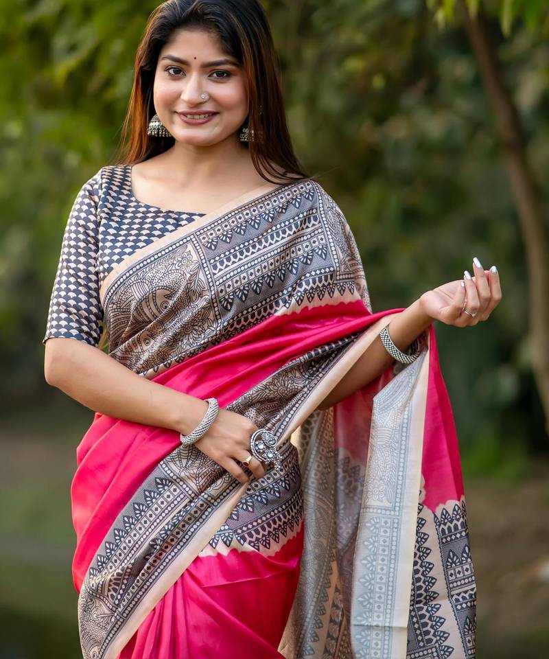 Women pink art silk handloom saree