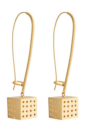 Gold cubical long hoop earrings