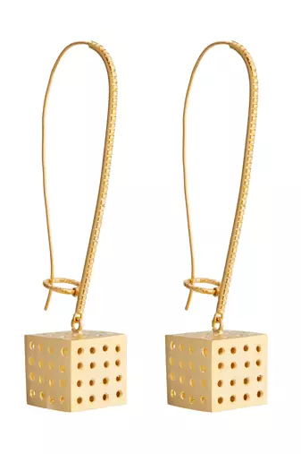 Gold cubical long hoop earrings