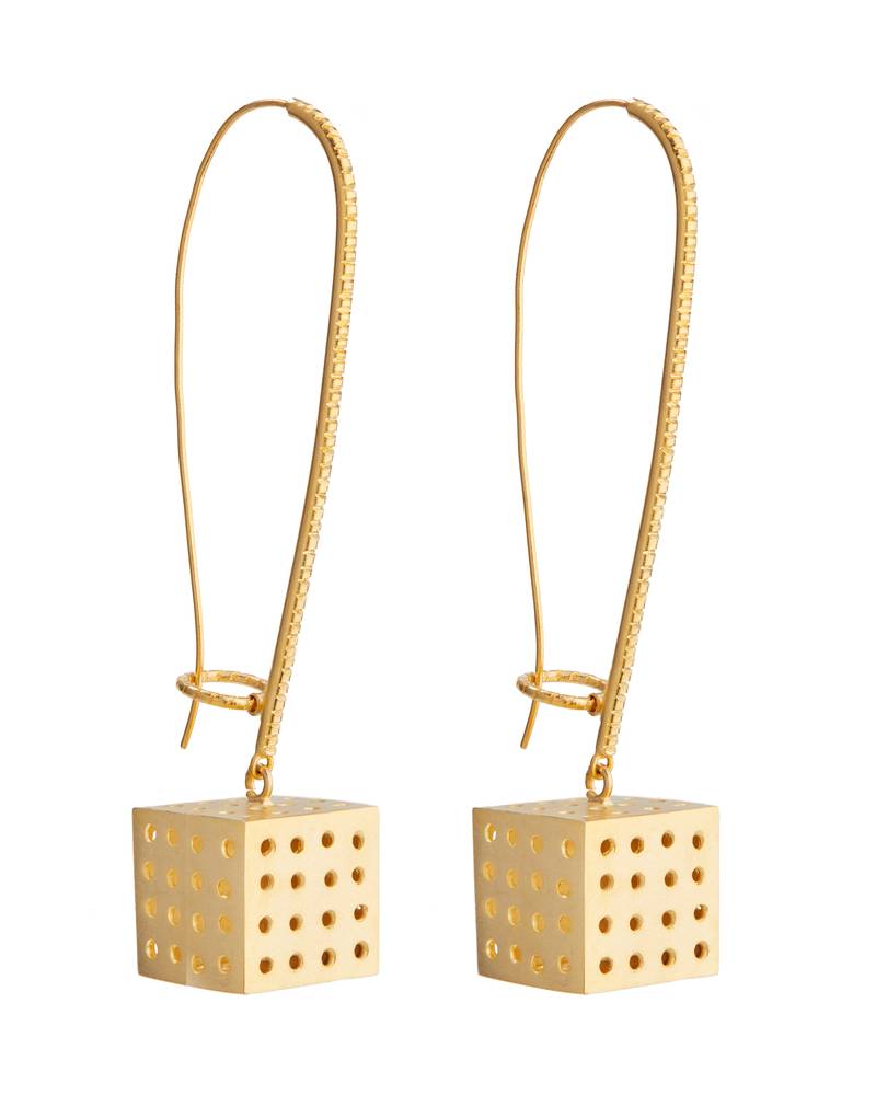 Gold cubical long hoop earrings
