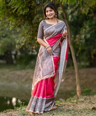 Women pink art silk handloom saree 2
