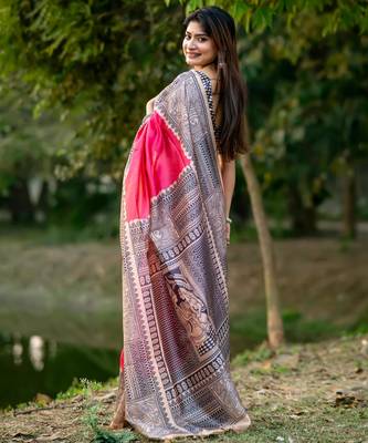 Women pink art silk handloom saree 3