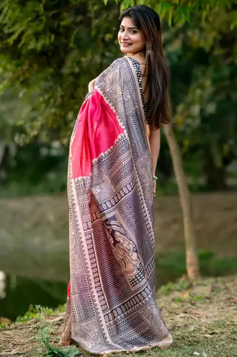 Women pink art silk handloom saree