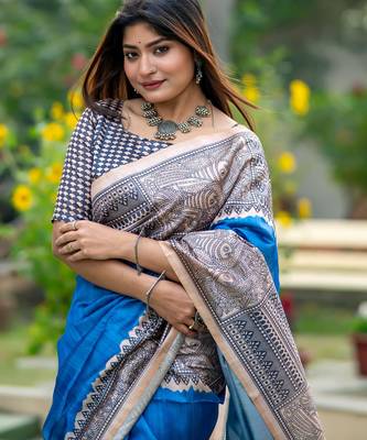 Women blue art silk handloom saree 1
