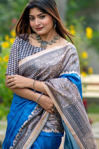 Women blue art silk handloom saree