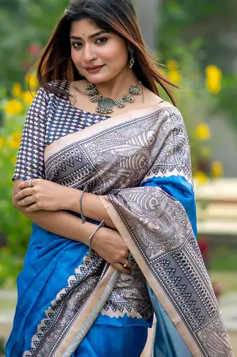 Women blue art silk handloom saree