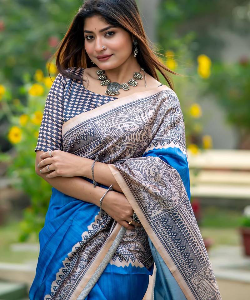 Women blue art silk handloom saree