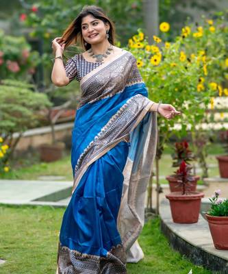 Women blue art silk handloom saree 2
