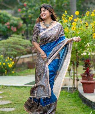 Women blue art silk handloom saree 3