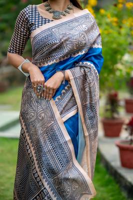 Women blue art silk handloom saree 4