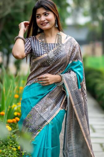 Women rama art silk handloom saree