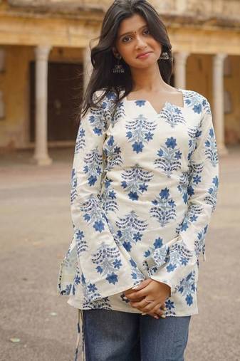Ivory Blue Bell Sleeve Block Print Short Kurti