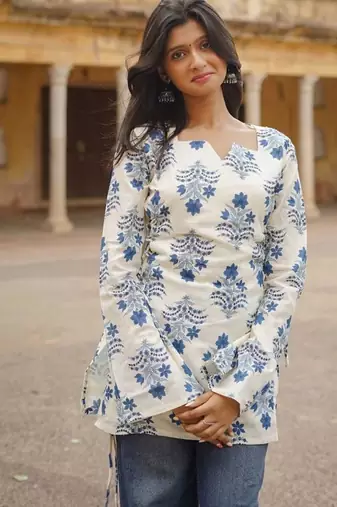 Ivory Blue Bell Sleeve Block Print Short Kurti