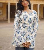 Ivory Blue Bell Sleeve Block Print Short Kurti