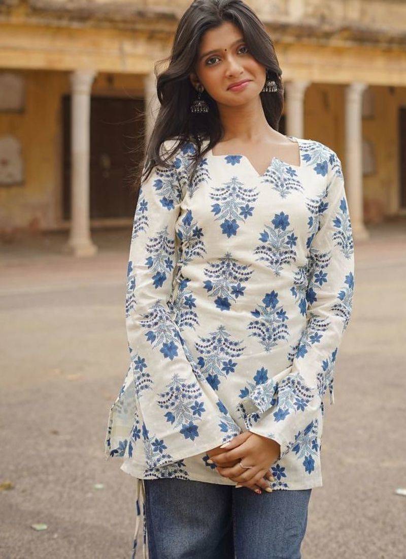 Ivory Blue Bell Sleeve Block Print Short Kurti