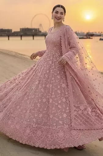 Anarkali Suit Set Peach Colour Gown Suit Set With Dupatta 