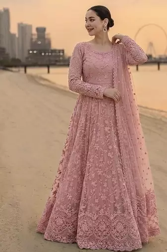 Anarkali Suit Set Peach Colour Gown Suit Set With Dupatta 