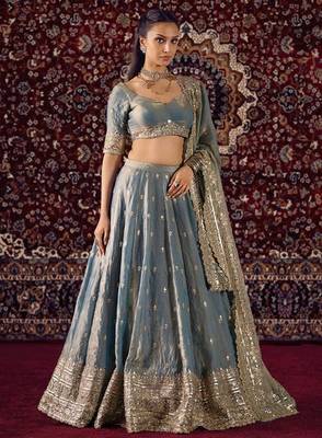lovely grey fandy silk fabric Dori Zari , Sequence, Embroidered indian wedding lattest designer lehenga choli 1