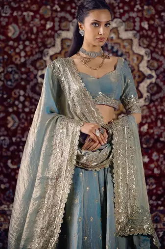 lovely grey fandy silk fabric Dori Zari , Sequence, Embroidered indian wedding lattest designer lehenga choli