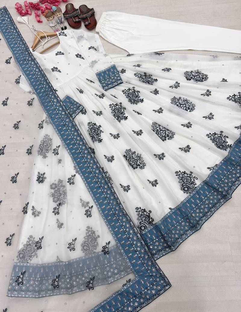 White Anarkali Suit Set Beautiful Gown With Dupatta