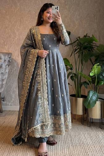  grey zari embroidered silk anarkali suit set with dupatta
