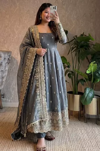  grey zari embroidered silk anarkali suit set with dupatta