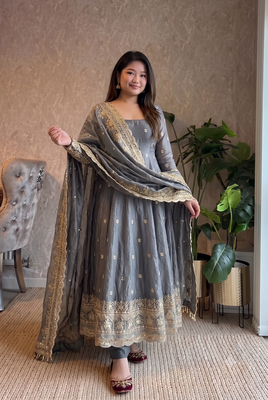  grey zari embroidered silk anarkali suit set with dupatta 2