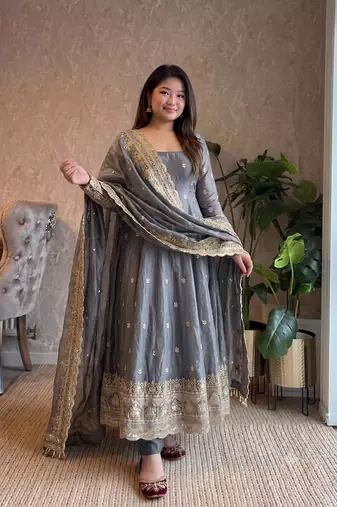  grey zari embroidered silk anarkali suit set with dupatta