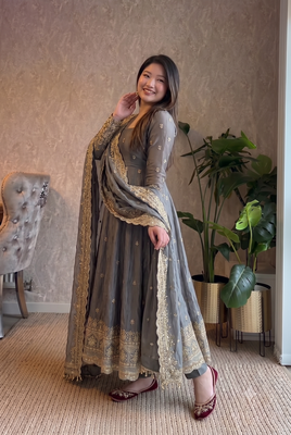 grey zari embroidered silk anarkali suit set with dupatta 3