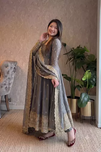 grey zari embroidered silk anarkali suit set with dupatta