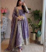  lavendar zari embroidered silk anarkali suit set with dupatta