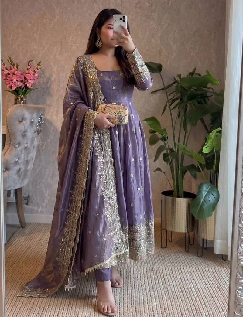  lavendar zari embroidered silk anarkali suit set with dupatta