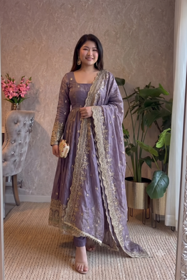  lavendar zari embroidered silk anarkali suit set with dupatta 2