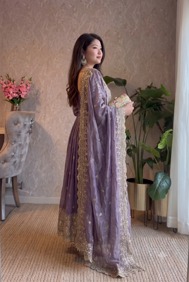  lavendar zari embroidered silk anarkali suit set with dupatta 3