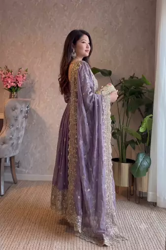  lavendar zari embroidered silk anarkali suit set with dupatta