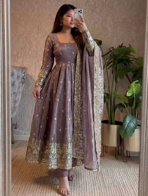  purple zari embroidered silk anarkali suit set with dupatta 1
