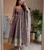 purple zari embroidered silk anarkali suit set with dupatta