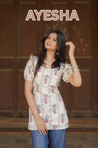 Ivory Floral Block Print Puff Sleeve Kurti