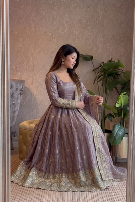  purple zari embroidered silk anarkali suit set with dupatta 2