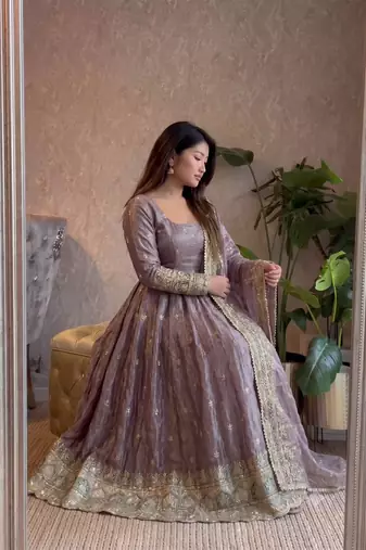  purple zari embroidered silk anarkali suit set with dupatta