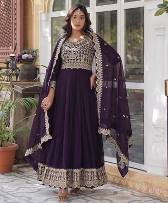 Purple faux georgette readymade anarkali suit with embroidery & zari work 1