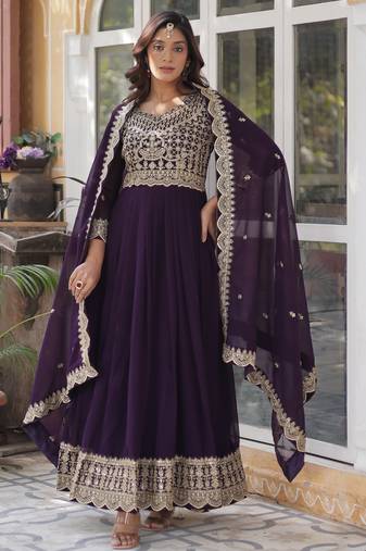 Purple faux georgette readymade anarkali suit with embroidery & zari work