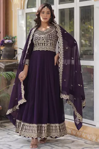 Purple faux georgette readymade anarkali suit with embroidery & zari work