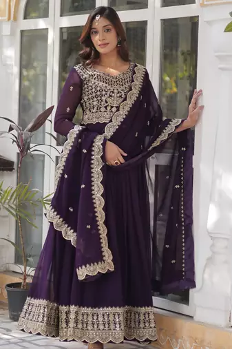 Purple faux georgette readymade anarkali suit with embroidery & zari work