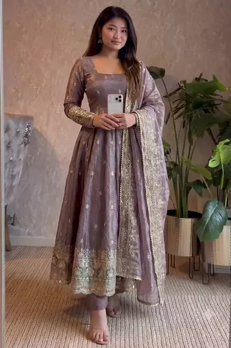  purple zari embroidered silk anarkali suit set with dupatta